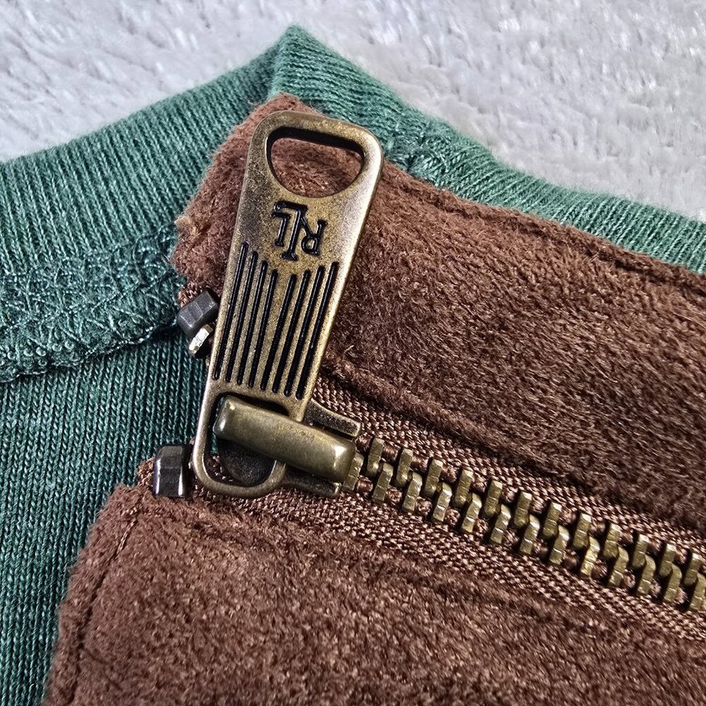 Lauren Ralph Lauren Top Womens Large Green Brown Faux Suede Elbow Patches Preppy - Picture 13 of 15